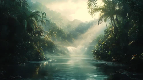 Morning light pours gently over a misty jungle waterfall