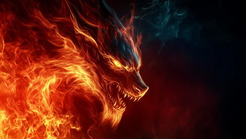 Fiery wolf spirit erupts from darkness in vivid neon flame