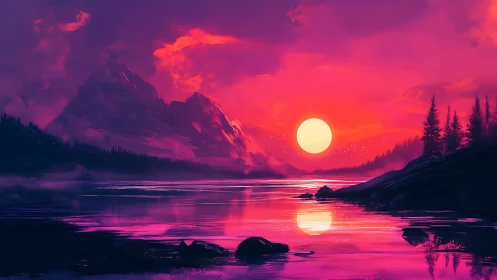 Neon sunset over mountain lake with glowing mirror reflection.