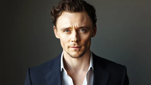 Male portrait in navy suit against neutral studio backdrop.
