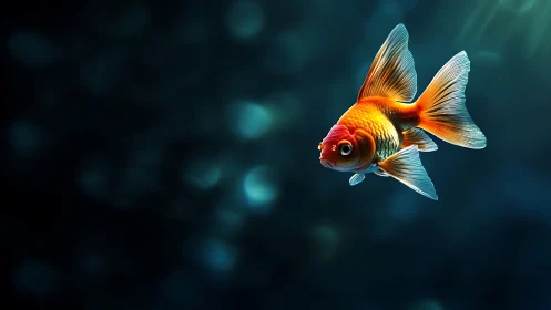 High-detail orange goldfish against deep blue bokeh water