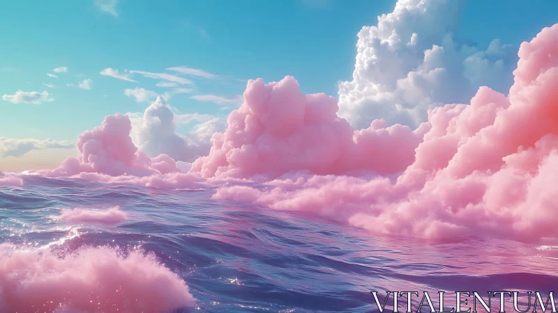 Iridescent lavender ocean under volumetric cotton candy clouds