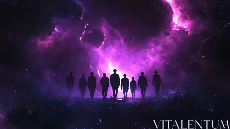 Starlit explorers walk together into a glowing cosmic rift