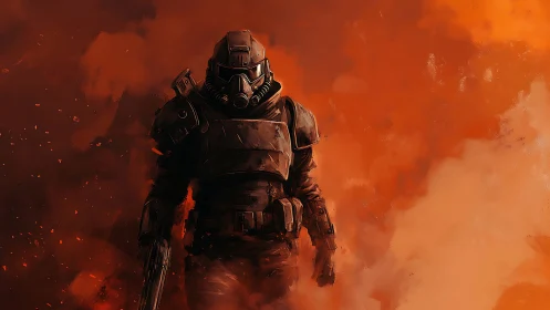 Armored sci fi soldier strides through burning smoke field.