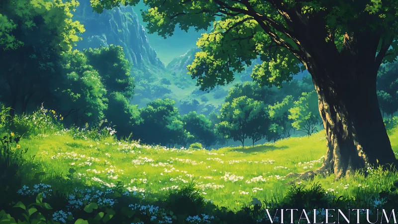 Pastoral valley landscape with ancient tree structure.