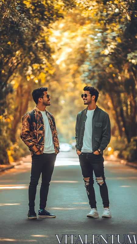 Two men in streetwear under golden tree canopy, shallow depth