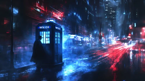 Time portal phone box glows over neon cyberpunk street
