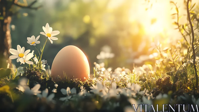 Sunlit egg among daisies in shallow-depth forest clearing