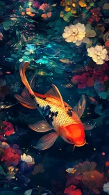 Vibrant koi glides through luminous floral pondscape.