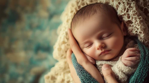 Peacefully Slumbering Newborn Nestled in Soft Cream and Teal Knit Wrappings