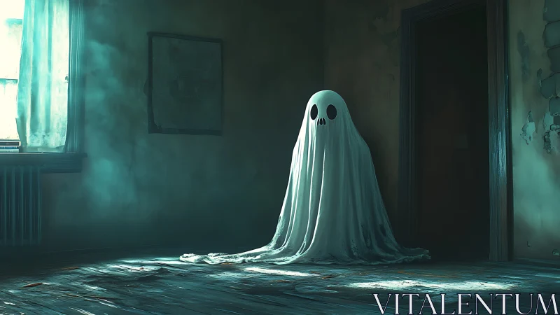 Ghostly sheet figure occupies decayed room with volumetric light