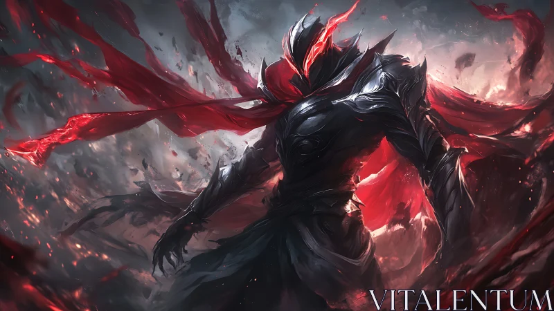 Shadow warlord in crimson-torn cloak amid embers storm.