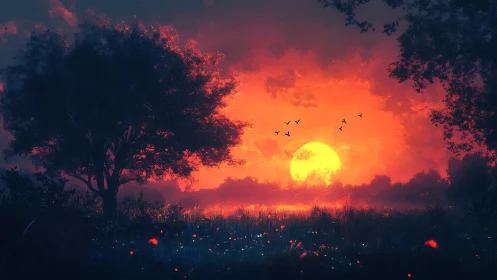 Spectral meadow sunset with silhouetted tree and solar bloom.