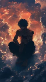 Atmospheric anime figure suspended in ember-lit cloudscape.