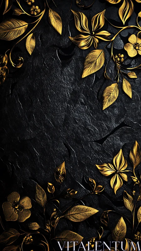 Embossed gold floral relief on textured black stone field.