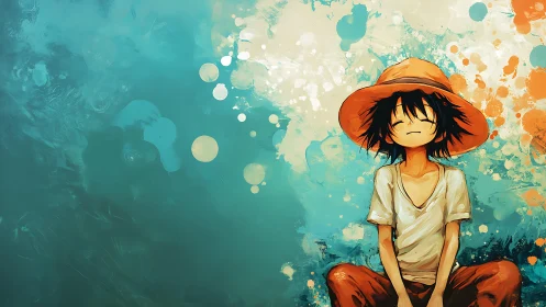 Relaxed anime boy in straw hat against teal splatter field