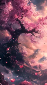 Skybound sakura giant over mist-soaked mountain temples.