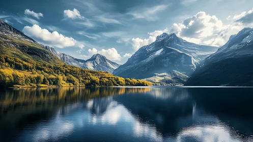 Mountain lake valley under crisp blue sky, mirrored perfectly.