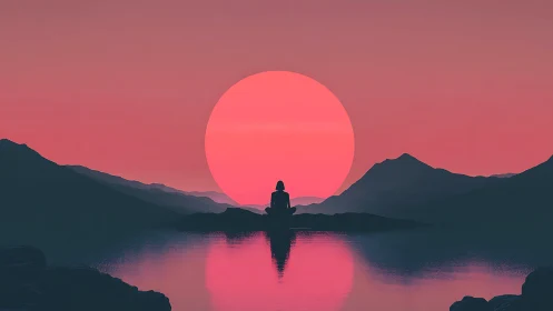 Minimalist digital sunset meditation with mirrored lake symmetry.