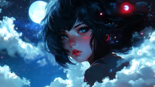 Blue eyed anime girl framed by glowing night sky clouds.