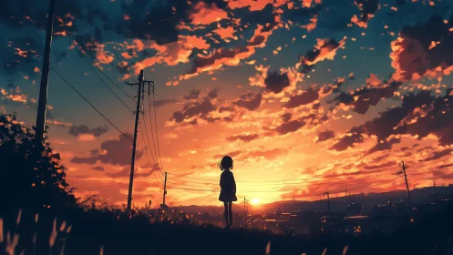 Silhouetted youth under electric lines at vivid sunset sky.