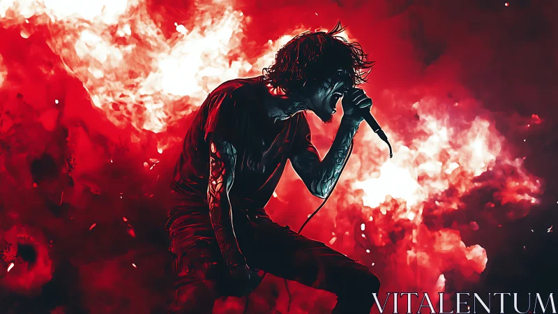 Screaming metal vocalist framed by explosive red smoke