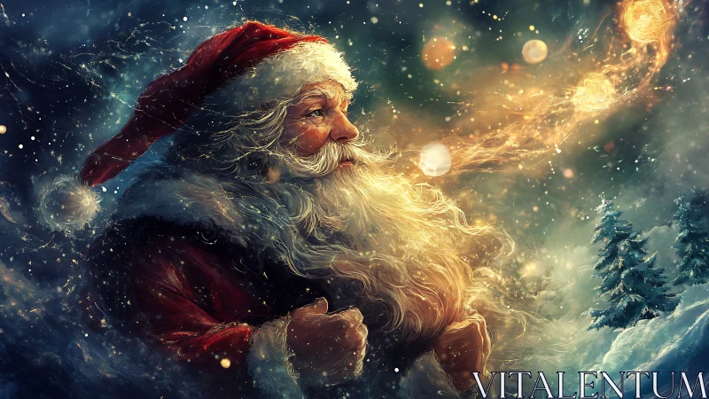Santa in swirling winter night with glowing orbs of light.