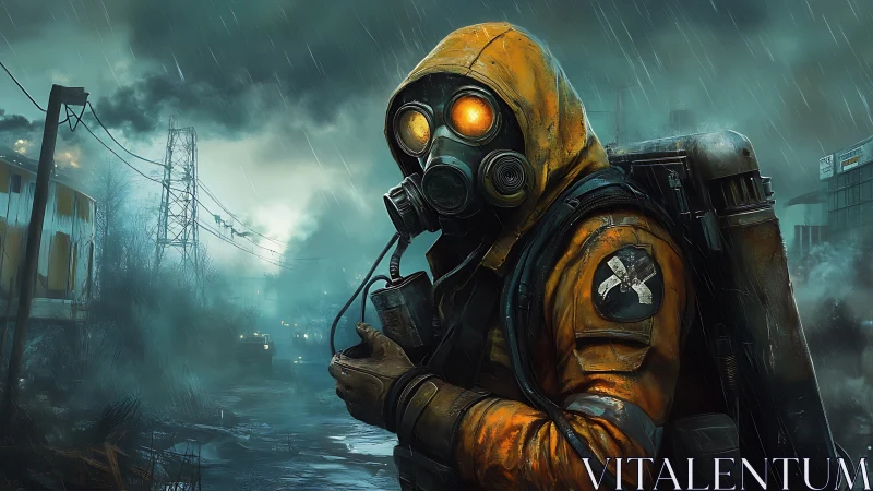 Gas-masked wanderer crossing toxic urban wasteland.