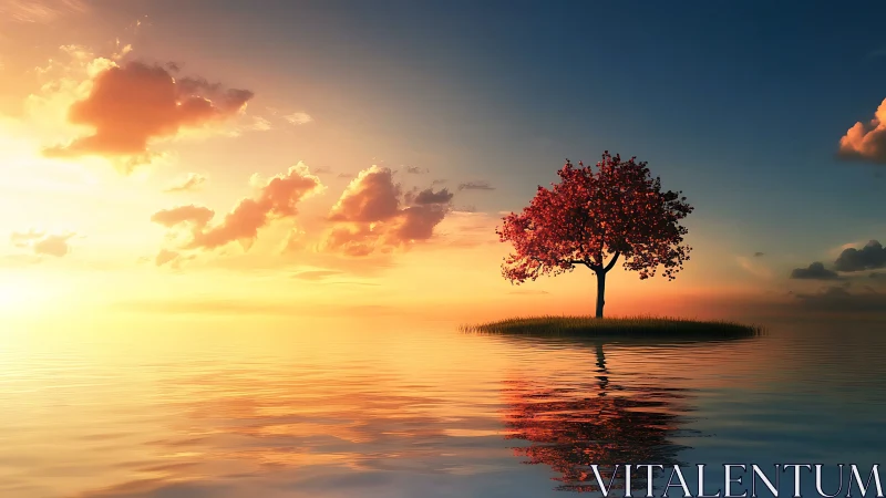 Solitary red-leaved tree stands on small island at sunset