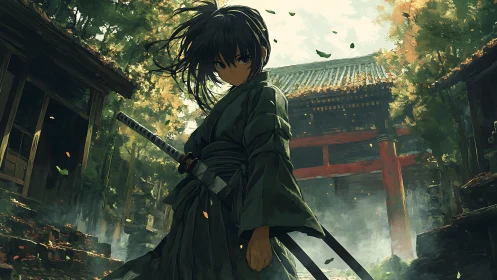 Solitary swordsman in overgrown shrine courtyard setting.