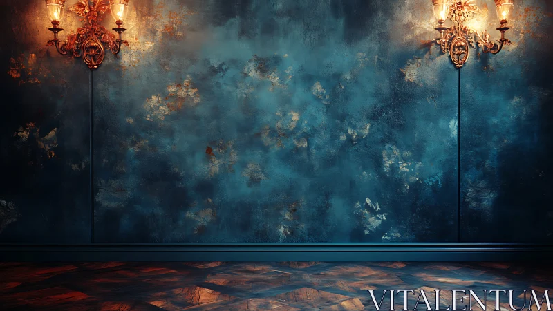 Moody teal wall with ornate sconces frames empty interior