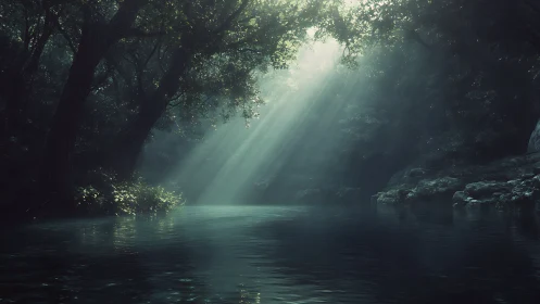 Volumetric light shafts penetrate dense forest canopy over river