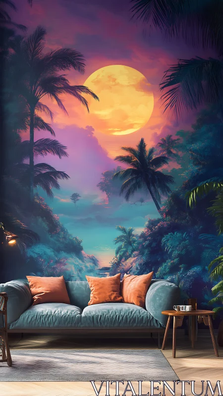 Dreamy tropical sunset mural embracing cozy sofa nook.