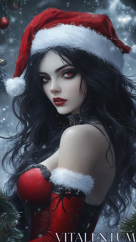 Dark-haired gothic Christmas pinup in red satin corset dress
