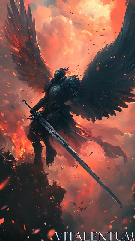 Winged dusk knight standing calm within fiery twilight.