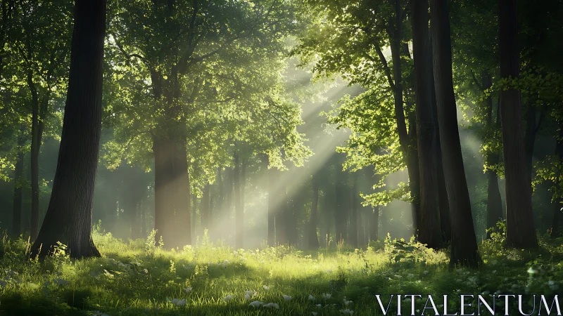 Sunlit Forest Glade with Towering Trees.