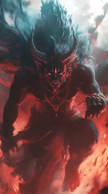Demonic warrior emerging from infernal fire in dynamic perspective