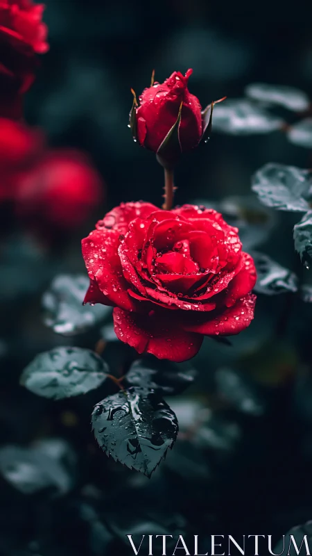 Crimson Romance: Dewdrop Duet Blooms Against Twilight