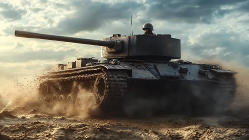 Heavy battle tank advancing fast across dusty terrain.