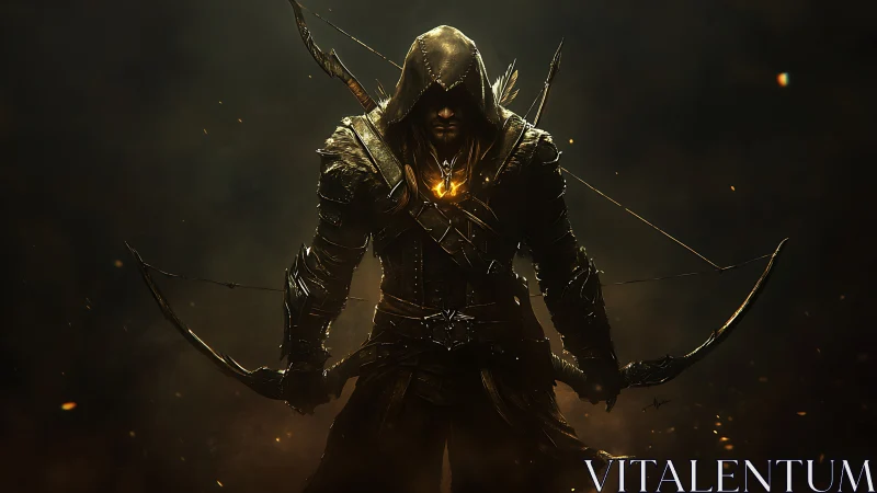 Hooded fantasy archer emerges from shadows with twin bows.
