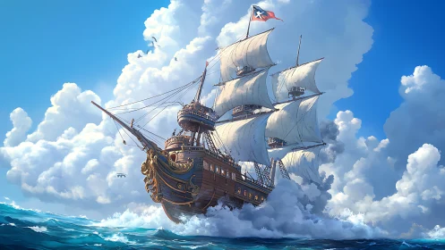 Majestic wooden galleon under full sail in bright seascape.