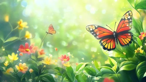 Monarch butterflies in bokeh-suffused floral microhabitat.