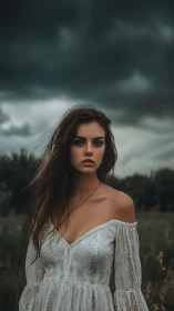 Stormy sky surrounds a thoughtful woman in a white dress