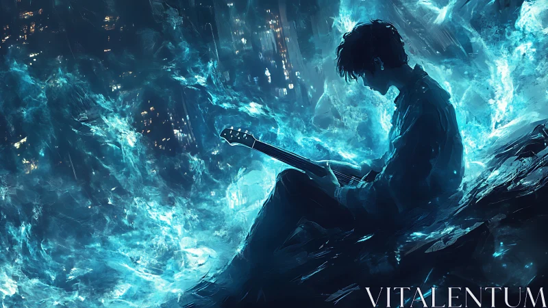 Electric nebula guitarist in bioluminescent urban void.