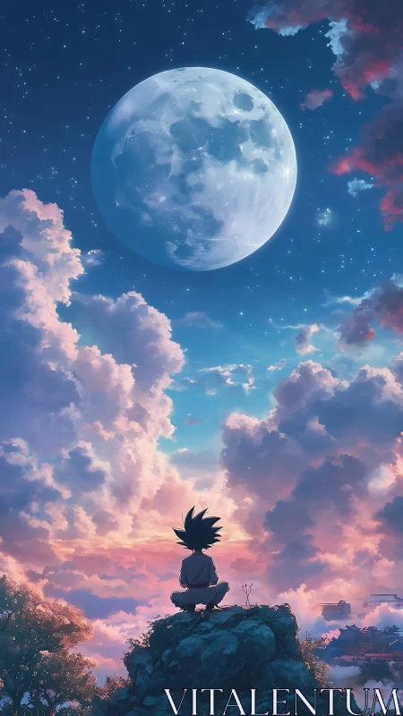 Solitary anime figure studies luminous moon above clouds