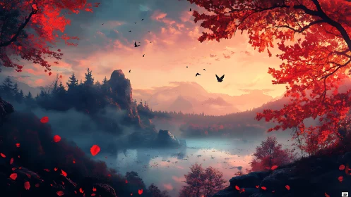 Sunlit autumn lake framed by crimson foliage and misty peaks