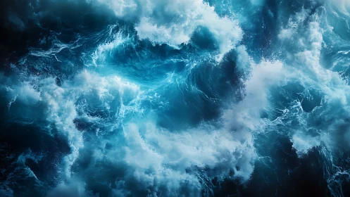 Violent swirling ocean waves in deep blue stormy water.