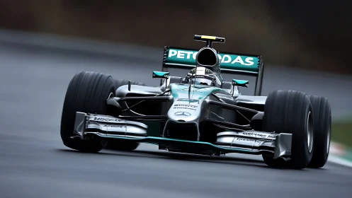 Silver Formula One car powers through wet racing circuit