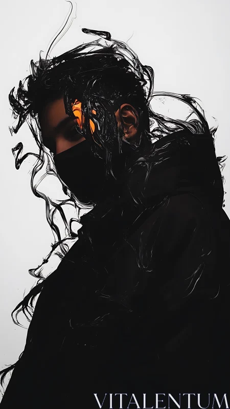 Masked cyber silhouette with swirling liquid shadows.