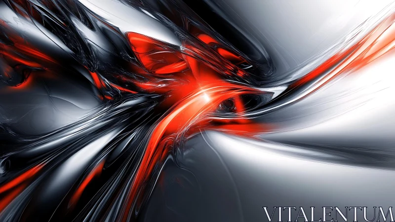 Dynamic Abstract Digital Artwork in Metallic Red and Silver Tones.